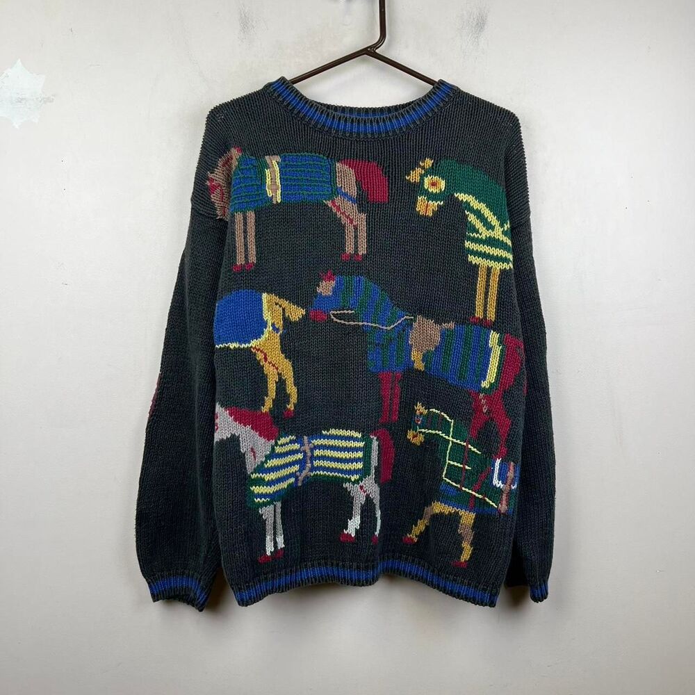 Vintage 90s Miller's Sportswear Horse Sweater Multicolored Horses Size M